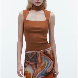 Zara Knit Choker Tank Top Rust Ribbed Fitted Small Blouse Professional Cut Out